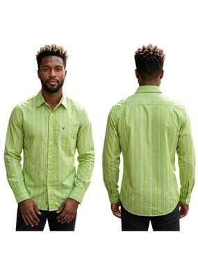 White Owl Men's Large Green Striped Button Up Shirt, Long Sleeve Classic 21" P2P